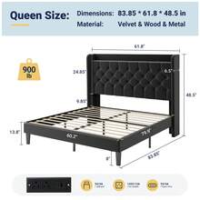 Allewie Full/Queen/King Size Bed Frame, Storage Headboard With Charging Station, Wingback Velvet Upholstered, Diamond Stitched Button Tufted, Sturdy Wooden Slats, No Box Spring Needed, Easy Assembly, Black - Xem 10
