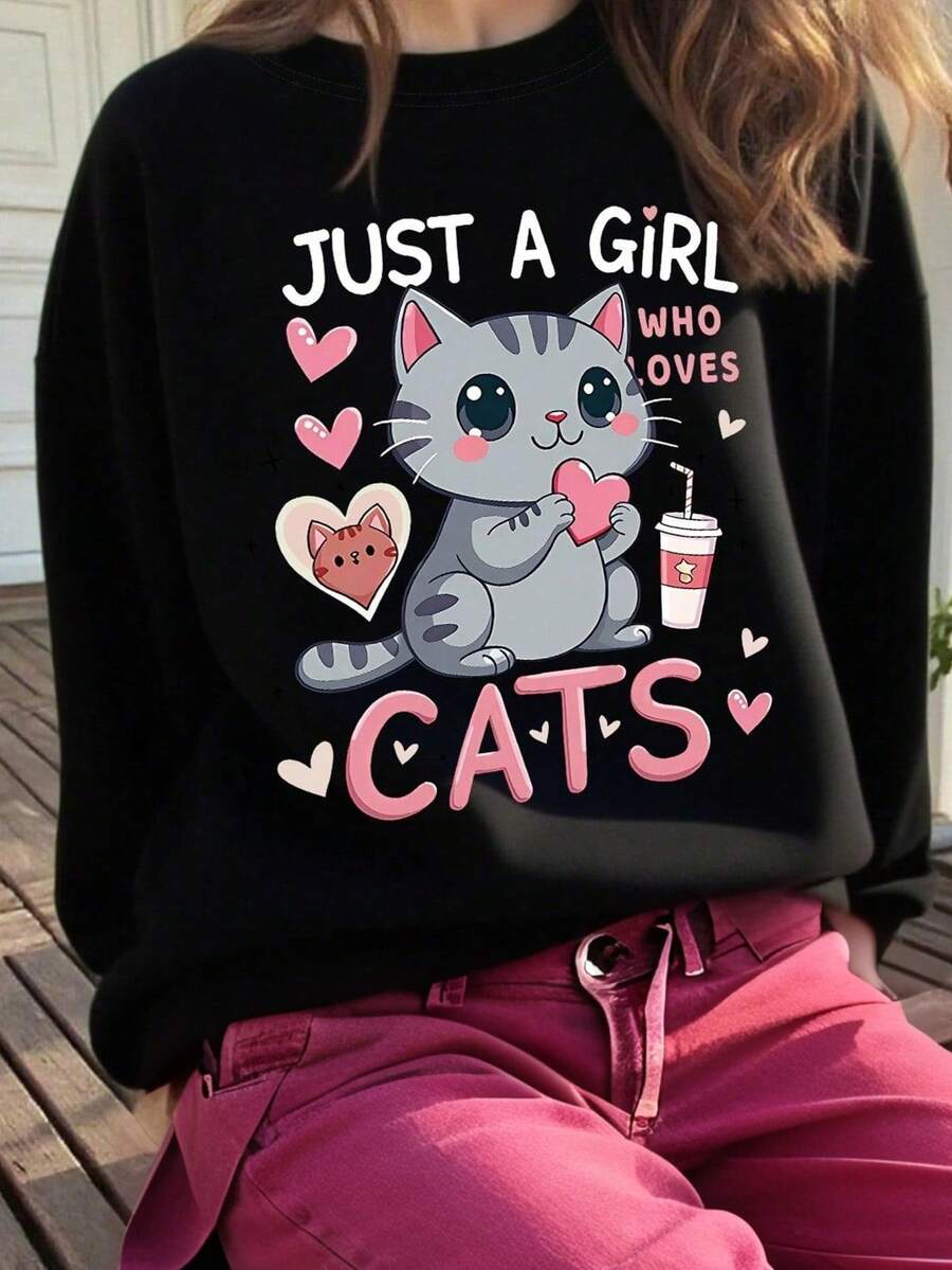 1 Stück Teenager Mädchen Süßer Katzen Muster Leichtgewicht Sweatshirt mit Langen Ärmeln, Weicher Stoff Sommer-Herbst Lässig Kleidung