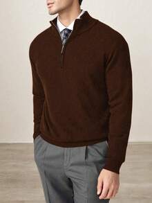 Men's Slim Fit Half Zip Ribbed Knit Sweater T-Shirt, Autumn/Winter - Brown - View 2