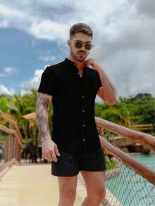 Men's Short-Sleeve Shirt With Mandarin Collar And Linen-Look - Assorted Colors - Comfortable - Black - View 1