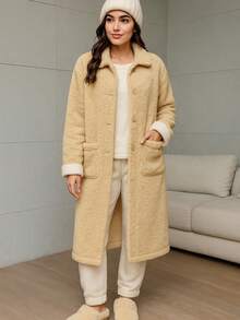 Choa Bata casual aborregada, regalo de Navidad - Vestido casual de forro polar grueso de manga larga y calientito con botones, con bolsillos, 1 pieza abrigo de casa y ropa de dormir para mujer, otoño/invierno - Beis - Ver 3