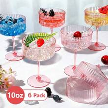 6 piezas Vasos de Martini acanalados de 10 Oz Vasos de plástico desechables acanalados tipo Coupe Vintage Vasos de cóctel irrompibles Parfait Cristalería para Boda Fiesta de Cumpleaños Color Rosa - Rosa - Ver 5