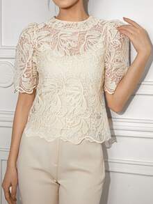 Cubre elegante de encaje para mujer con mangas abullonadas y diseño calado, con patrón floral aleatorio (excluye la ropa interior, el bajo ondulado se coloca aleatoriamente, no fijo) - Albaricoque - Ver 5