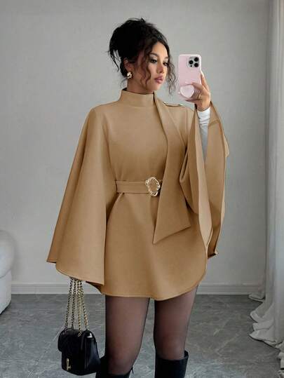 Vestido capa de cuello alto estilo europeo y americano, silueta elegante de unicolor, que afina la cintura, adecuado para fiestas, viajes diarios, salidas casuales, citas de café, etc. Primavera/Otoño