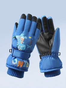 1 双儿童卡通恐龙滑雪手套，加厚保暖防风防水指套，适合冬季雪地玩耍 - 1Pair - 查看 3