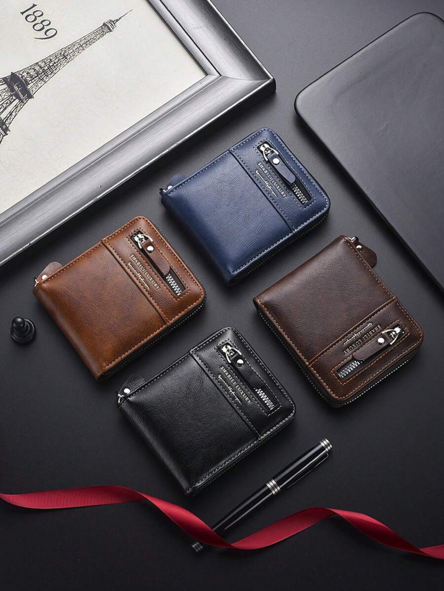 Ví ngắn nam mới, đựng thẻ ID thời trang, ví da mềm màu trơn, nhiều ngăn đựng thẻ, ví đựng tiền xu