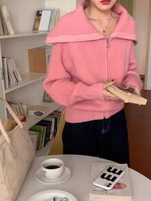 1pc Women Solid Color Faux Wool Ribbed Zip-Up Cardigan, Suitable For Home, Daily Wear, School, Holidays, Autumn - Watermelon Pink - View 3