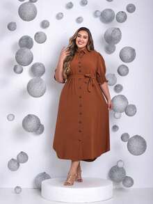 Women's Plus Size Evangelical Shirt Dress, Sizes G1 G2, Casual, Elegant, Comfortable, Long, Everyday Wear - Lạc đà - Xem 3