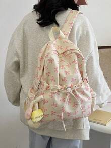 Mochila dobrável branca de nylon, estilo universitário casual, com estampa de laço, cordão, vários bolsos, grande capacidade e pingente de desenho animado. Ideal para estudantes, formandos, aulas, treinos, deslocamentos, passeios, compras, viagens, organização de pertences e como presente de formatura. - Branco - Ver 9