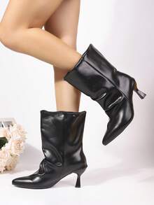 2025秋冬新款黑色尖头褶皱套脚高跟踝靴，宽筒设计，优雅通勤日常百搭时尚靴，黑色短靴，大码女鞋，猫跟 - 黑色 - 查看 2