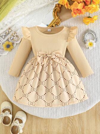 Bebek/Kız Bebek Sevimli Kısa Kollu Fiyonklu Volanlı Etek Uzun Kollu Elbise