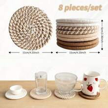1/4/8pcs Woven Drink Coasters, Round Absorbent Beverage Cup Mats, Handmade Fabric Coasters, Absorbent Coaster Set With Tray, Bohemian Style - Multicolor - View 2