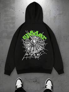 Men's Fleece-Lined Hoodie|Men's Patterned Hoodie|Intricate Black-White Spider Web With Graffiti Text|Comfortable And Warm|Ideal For Daily Casual And Halloween Wear + Men's Gift|Unisex|Made In USA|Domestic Shipping|Factory Direct - Black - View 2