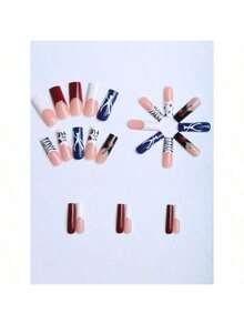 24 Pcs Of Long Square Press On Acrylic Nails In Summer Blue Nails Advanced HandPainted Contrast Color Sweet Cool Hot Girl Style White Black French Colorful Zebra Stripes Specially Designed Girls Birthday Party Portable Nails With Glue 1 Piece File Strip 1 - 彩色 - 查看 5