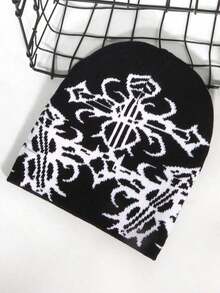 1pc Stylish Patterned Knitted Hat, Jacquard Adult Unisex Beanie Cap Warm, Fashionable Streetwear Casual, Multi-Color, Autumn/Winter Fall Outfit - 黑色 - 查看 1