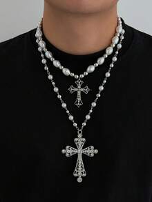 Set de 2 collares con colgante de cruz y flor de perlas falsas estilo hip-hop para hombres, collar gargantilla de moda de alta gama y personalizado, adecuado para universidad, fiesta, reunión, combinado con suéter, chaqueta de cuero en otoño/invierno - 06839 - Ver 12