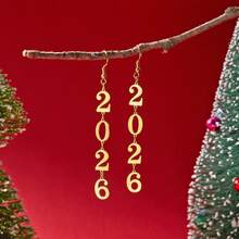 1 Pair Women's Stainless Steel Hollow 2026 New Year Celebration Earrings, Elegant Gold Color