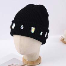 1pcs Niche Rhinestone Knitted Beanie - Multiple Colors Available, Autumn Winter Warm/Street Style Accessory, Eye-Catching Personality Headwear - màu đen - Xem 12