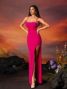 VIPGIRL Elegant Strapless Beaded Slit Formal Evening Gown - Hot Pink - View 5