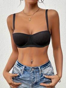 Women's Solid Color Underwire Push-Up Bra, Comfortable Patterned Balcony Cup Bra - Black - View 4