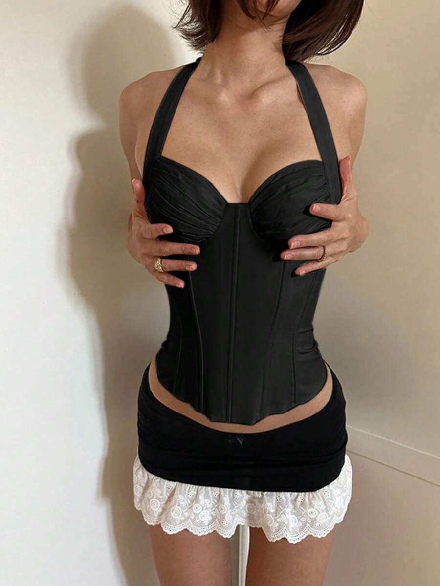 Onicee 女士夏季露脐上衣，时尚抽绳腰带露背拉链挂脖衬衫，适合情人节、约会、聚会、派对、旅行、度假、海滩等场合。