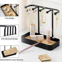 1 件装珠宝收纳展示架，黑白两色可选，单层或双层，带抽屉盒和木质底座，长方形抛光架，可收纳项链、手链、耳环、戒指、手表、钥匙和口红等，多功能珠宝化妆品收纳架，带挂钩，优雅简约的桌面收纳架，适用于家庭梳妆台、卧室或旅行。 - 黑色 - 查看 8