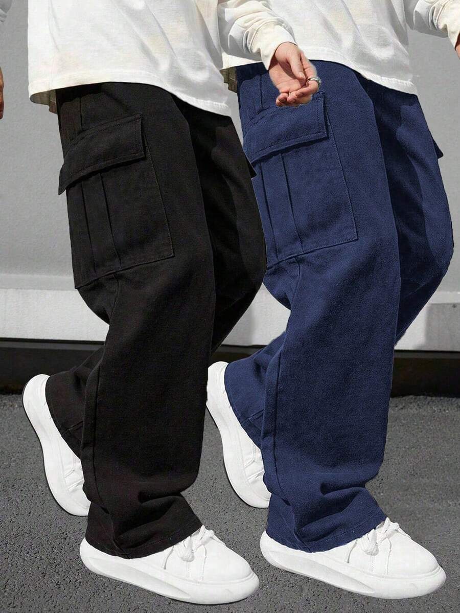 2 件套男童和青少年休闲运动户外工装裤，带大口袋，春秋