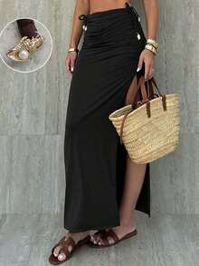 Women's 3-Piece Vacation Set, Elegant Metallic Seashell Solid Color Ruched Swimwear With Side Slit Halter Dress Beach Black Summer - Black - View 3
