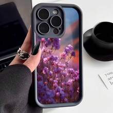 Cubierta de teléfono con borde negro diseño floral púrpura y rosa para iPhone 14 Pro Max protección contra golpes elegante para uso diario - Blanco - Ver 3