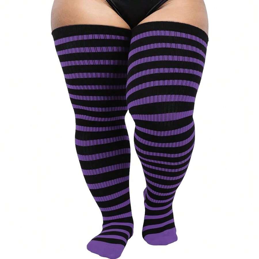 Plus Size Thigh High Socks For Women Cotton Boot Femboy Thigh High StocFKings Striped Over Knee High Socks Leg Warmers{Inchcolor_nameinch:Inch1PairPlusSize:Purple(FBlacksstripes)Inch} - 紫色的 - 查看 1
