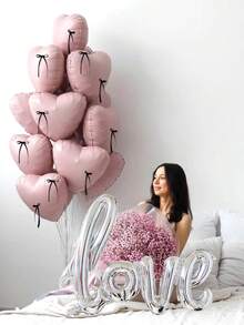 10pcs Large Silver Love Foil Balloons, 18" Light Pink Heart Balloons, DIY Black Ribbon Bows (With Balloon Glue Dots), Suitable For Birthday Party, Engagement, Anniversary, Valentine's Day Decoration - Multicolor - View 2