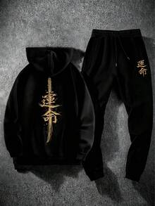男士时尚潮流黑帮标语印花抽绳休闲裤和连帽卫衣套装（2件套），适合春、秋、冬户外、街头、日常穿着 - 彩色 - 查看 1