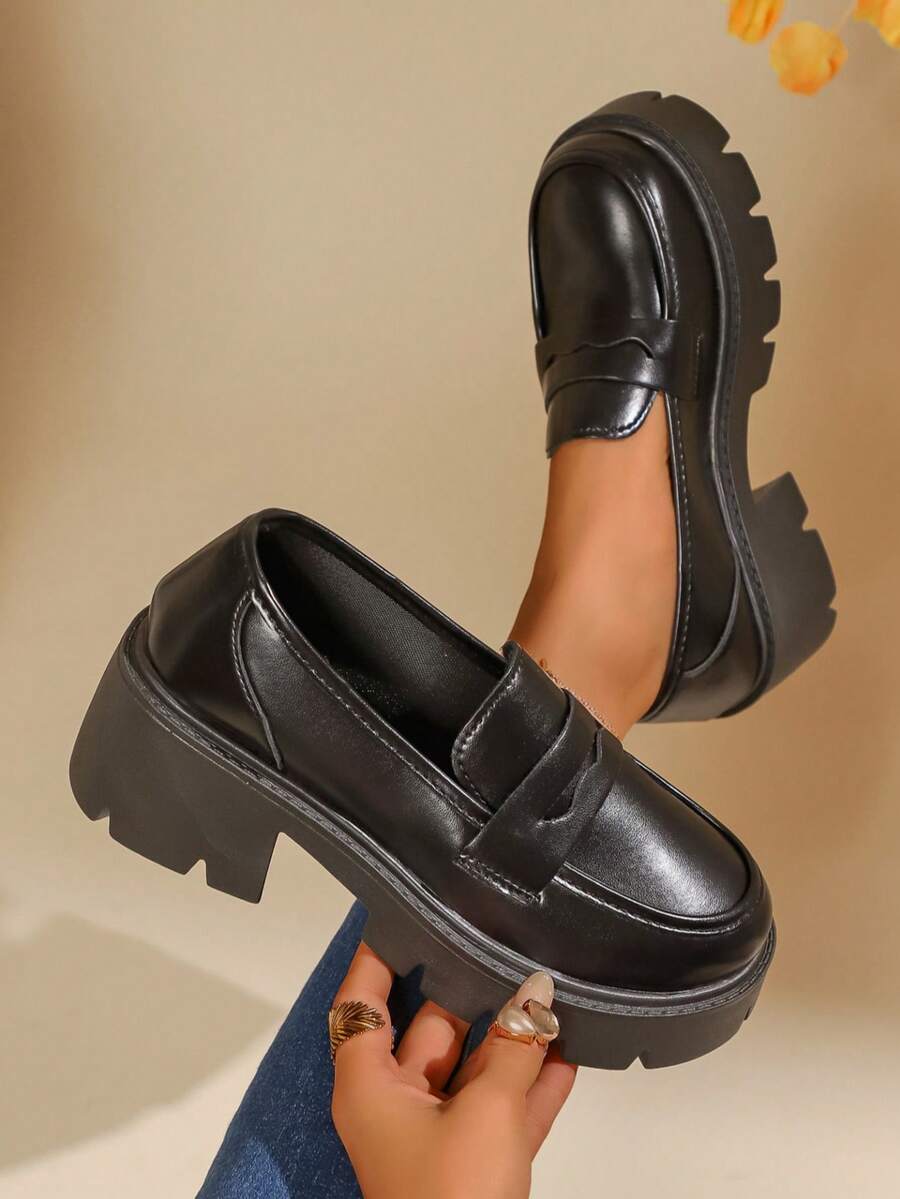女士秋冬新款黑色厚底高跟乐福鞋，时尚百搭英伦复古休闲一脚蹬高跟乐福鞋 - 黑色 - 查看 1