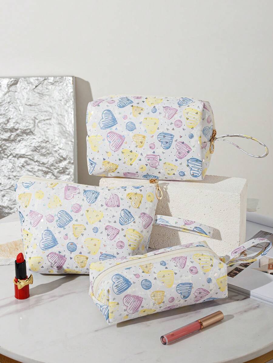 1-3pcs Multi-Color Full Print Big Heart Makeup Bag Handbag, Multi-Functional Cosmetic Organizer Bag, Portable Travel Accessories Storage Pouch, Large Capacity Zipper Pencil Brush Bag, Suitable For Travel, Party, Gift, Dorm, Beauty Tools, Holiday Essentials Make Up Bag Makeup Pouch Cosmetic Bag Toiletry Bag Wash Bag Travel Essential Cruise Essentials Vacation Essentials For Men Women