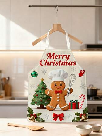 1 件圣诞节专属可爱姜饼人围裙，55x68 厘米，无口袋，亚麻材质，适合圣诞节、万圣节、感恩节派对、厨房烹饪防护围裙、烘焙配件