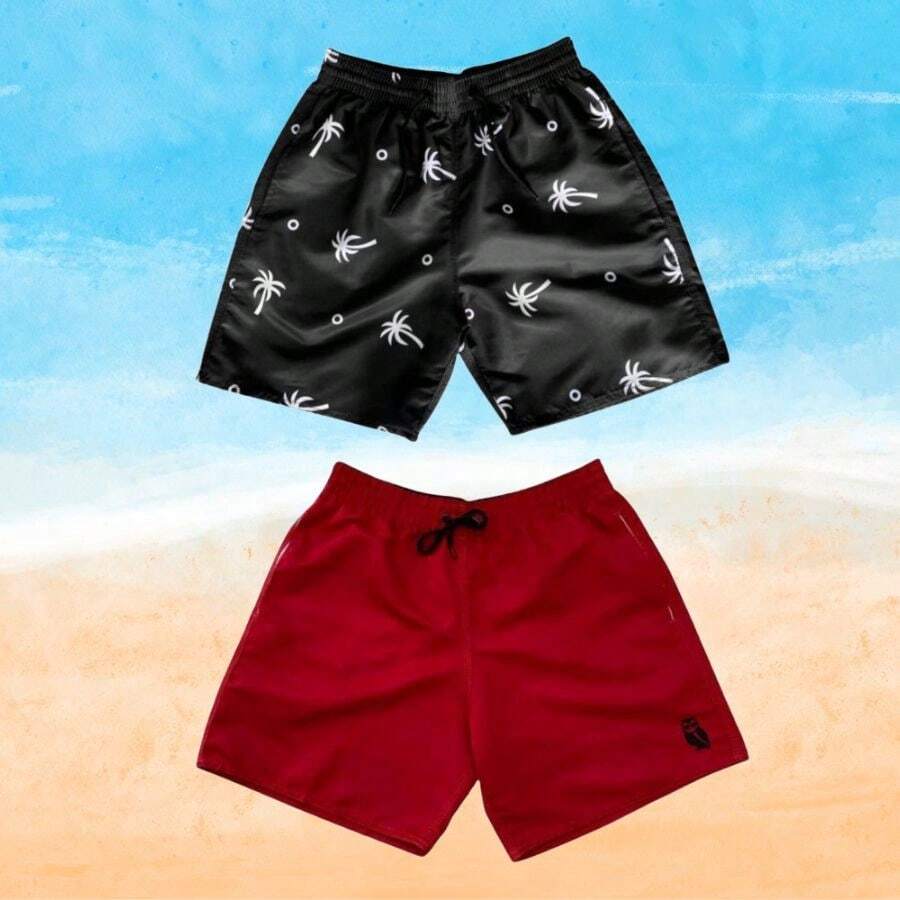 Set Of 2 Men's Tactel Shorts With Pockets - Beachwear, Gym, Pool - Black and Red - View 1