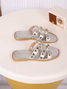 1 Pair Girls' Sandals, New Bowknot Princess Shoes, Elastic Band Design, Soft Bottom Casual Girls' Beach Shoes, Suitable For Summer Wear