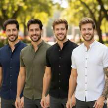 Kit Of 4 Men's Casual Short-Sleeve Shirts With Mandarin Collar, Comfortable Fabric, Year-End Promotional Combo - 彩色 - 查看 4