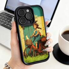 Cubierta de teléfono con borde negro diseño de niña en bicicleta con gato y puerta verde para uso diario y viajes - Café integral - Ver 3