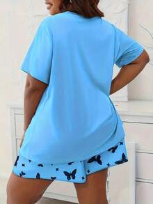 Lässiges 2-teiliges Set in Große Größen, Damen Herz-Kleeblatt-bedrucktes, locker sitzendes Kurzarm-Rundhals-T-Shirt und Schmetterlingsprint-Shorts Loungewear Pyjama Set, Outfits, kühles Hellblau - Blau - Übersicht 2