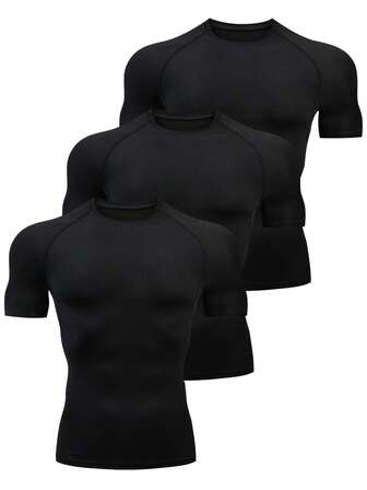 3pcs Men's Compression Short Sleeve Shirts, Breathable Quick Dry Base Layer Tight Fit Sports T-Shirts, High Elastic Solid Color Crew Neck Tops, Suitable For Gym, Running, Casual And Outdoor Activities