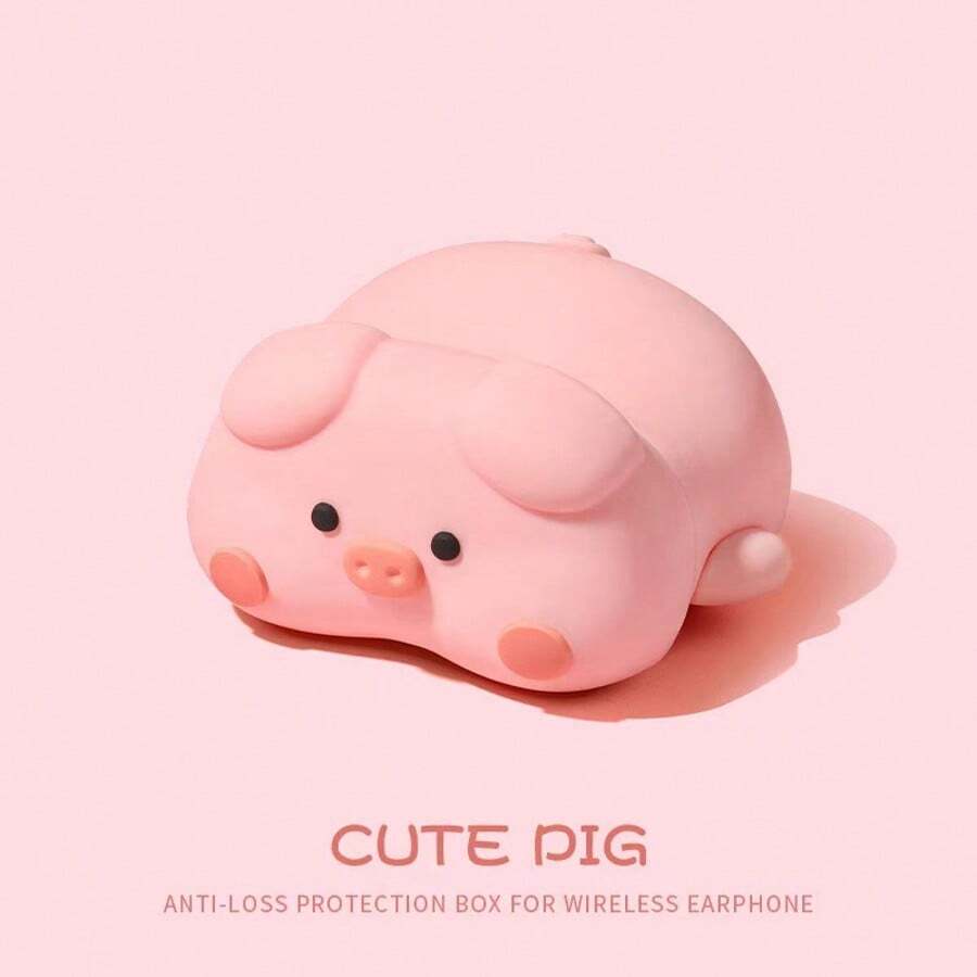 Estuche portátil para auriculares Bluetooth con diseño de cerdo acostado de silicona rosa, regalo de cumpleaños primaveral - Rosa - Ver 1