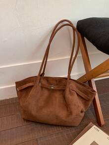 Nuova borsa a spalla da donna in tessuto scamosciato di colore unito, stile retrò, borsa a tracolla multifunzionale, edizione speciale, elegante, spaziosa, leggera e versatile per lavoro, viaggio, affari, grande capacità per cosmetici, borsa da ufficio - Multicolore - Visualizzare 17