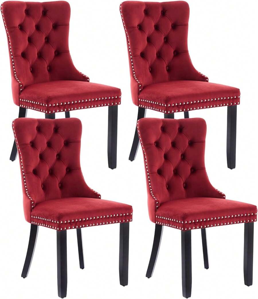 4 Piece Set Velvet Upholstered Dining Chairs, Wingback Side Chairs Button Tufted With Solid Wood Legs For Kitchen,Dining Room. - 酒紅色 - 查看 1