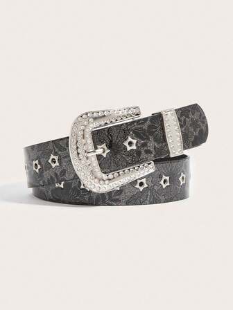 1条女士Y2K坏女孩风格优雅奢华水晶金属扣花卉黑色PU皮腰带，适合搭配牛仔裤、休闲裤、日常穿着、外出、派对等场合。