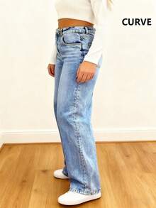 大码女式直筒牛仔裤，带口袋、纽扣和拉链细节，无弹力面料 - 中等水洗藍 - 查看 2