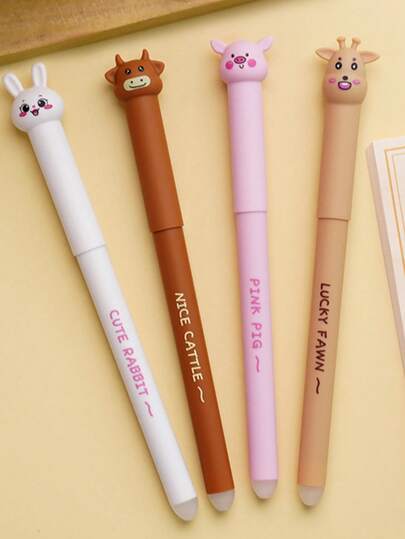 4pcs Cute Animal Shaped 0.5mm Ballpoint Pens, Erasable Rollerball Pens, Quick-Drying, Student Stationery, Black/Blue Ink