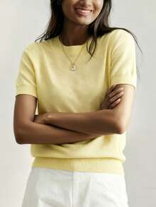 Women's Lightweight Solid Color Short Sleeve Knit T-Shirt, Minimalist Summer Top - Light Yellow - View 3