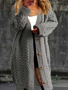 Plus Size Women's Solid Color Front Button Long Sleeve Minimalist Casual Long Knitted Cardigan, Winter