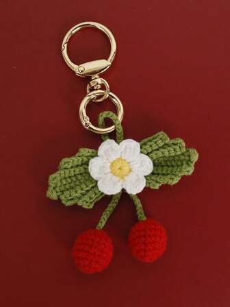 1个手工毛绒樱桃钥匙扣，花朵樱桃钥匙扣，适合作为礼物送给朋友、家人、父母，也可作为日常包包配饰